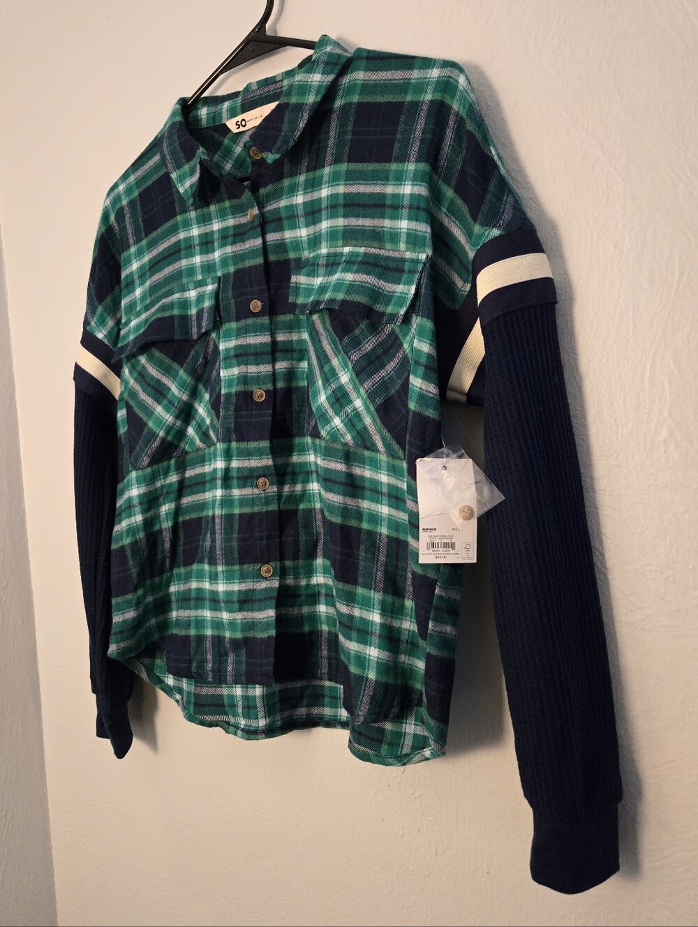 NWT Plaid Green & Blue Button-Up Shirt with Navy Flannel Sleeves, Size Juniors S - Picture 5 of 14